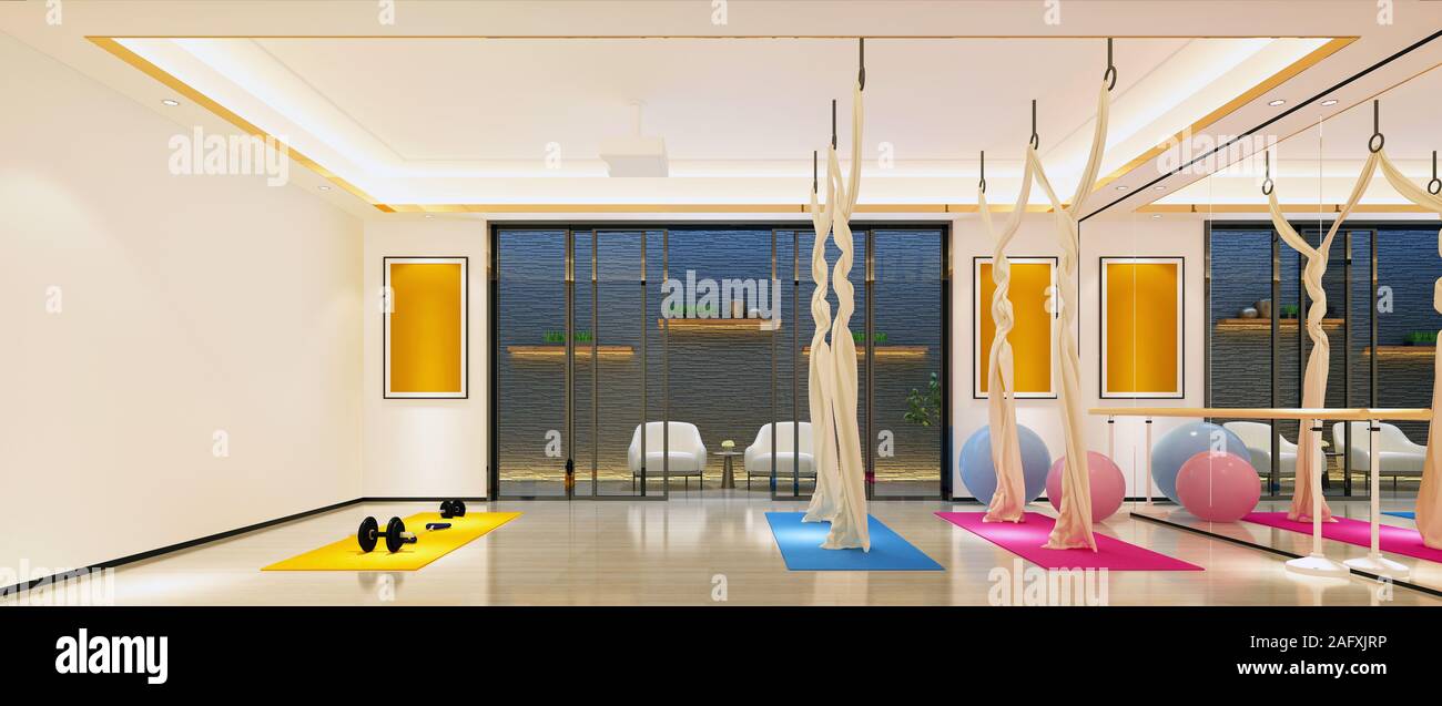 3D render palestra, lezioni di pilates e yoga 3 volumi Foto Stock