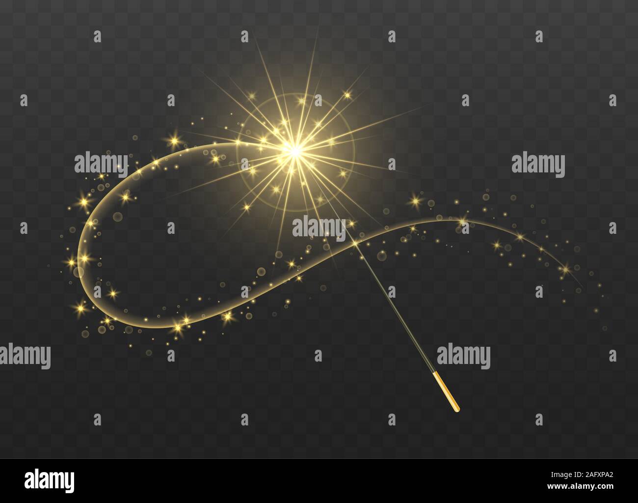 La bacchetta magica con golden swirl e brilla isolata su sfondo trasparente. Illustrazione Vettoriale