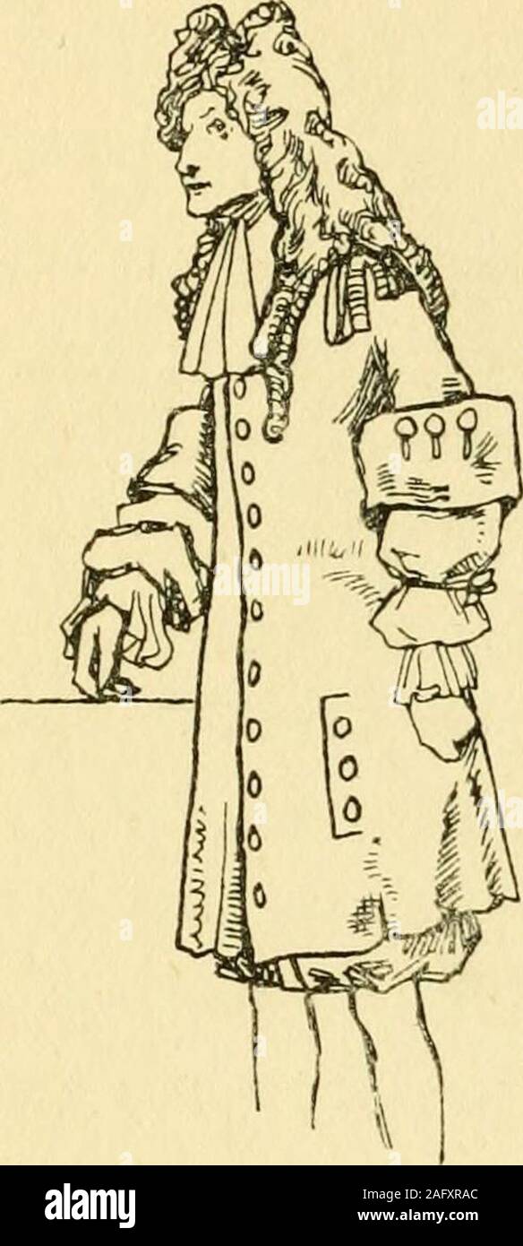 . English Costume. ain occasione quando richiesto. Theyrode circa il paese in periwigs, certamente, ma ENGLISH COSTUME non molto folte e arricciata ; molti themtook al travelhng o la campagna parrucca conla dildo o pole-serrature. Thesewigs erano pieni oltre il earsand ai lati della prua-testa, ma essi erano bassi thecrown, e le due anteriori endswere twisted in singoli tubi ofhair; o i tubi di capelli a leviti laterali sono state interamente rimosso, euno singolo tubo appeso giù sullaparte posteriore. La consuetudine di thustwisting capelli all'indietro,e ci tenendolo con aribbon, ha dato luogo alla laterpigtail. Il Foto Stock