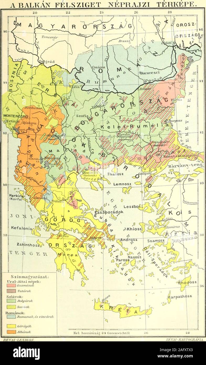 . Révai nagy lexikona; az ismeretek enciklopédiája. Balkán-hegyseg - 503 - Balkán-vasutak sére szorítkozik; legnagyobb mennyiségben b?rt,ruházati cikkeket, zsinórokat, sz?nyegeket állítel?; ezekhez járul még un malom-, szesz-, cserép-ipar- és un téglakészítés. Un kereskedelem, bár újab-ban több vasúti vonal kiépítése által emelke-dett, még mindig nagyon szerény korlátok köztmozog. Un legjelentékenyebb vasúti vonalak ahelgrád-konstantinápolyi, 987 km. hosszú és alnlgrád-szalonikii, 597 km. hosszú, melyek una gamba-rövidebb útul szolgálnak Kis-Azsia, Szíria, Egyip-tom, Kelet-Afrika és Kelet-India felé. Foto Stock