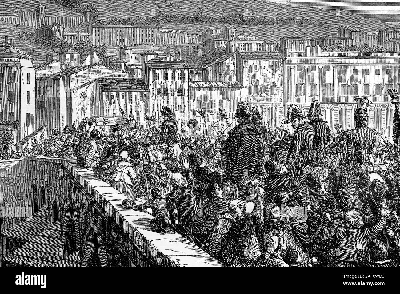 Ingresso trionfale di Napoleone a Lione. Il 10 marzo 1815. Illustrazione di antiquariato. 1890. Foto Stock