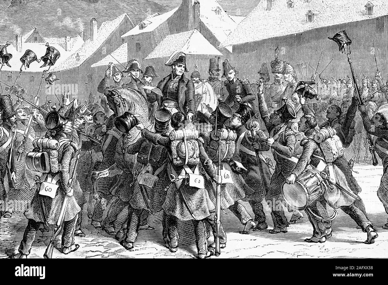 Marzo 1815. Le truppe del Maresciallo Ney con entusiasmo il suo progetto di unirsi a Napoleone. Illustrazione di antiquariato. 1890. Foto Stock