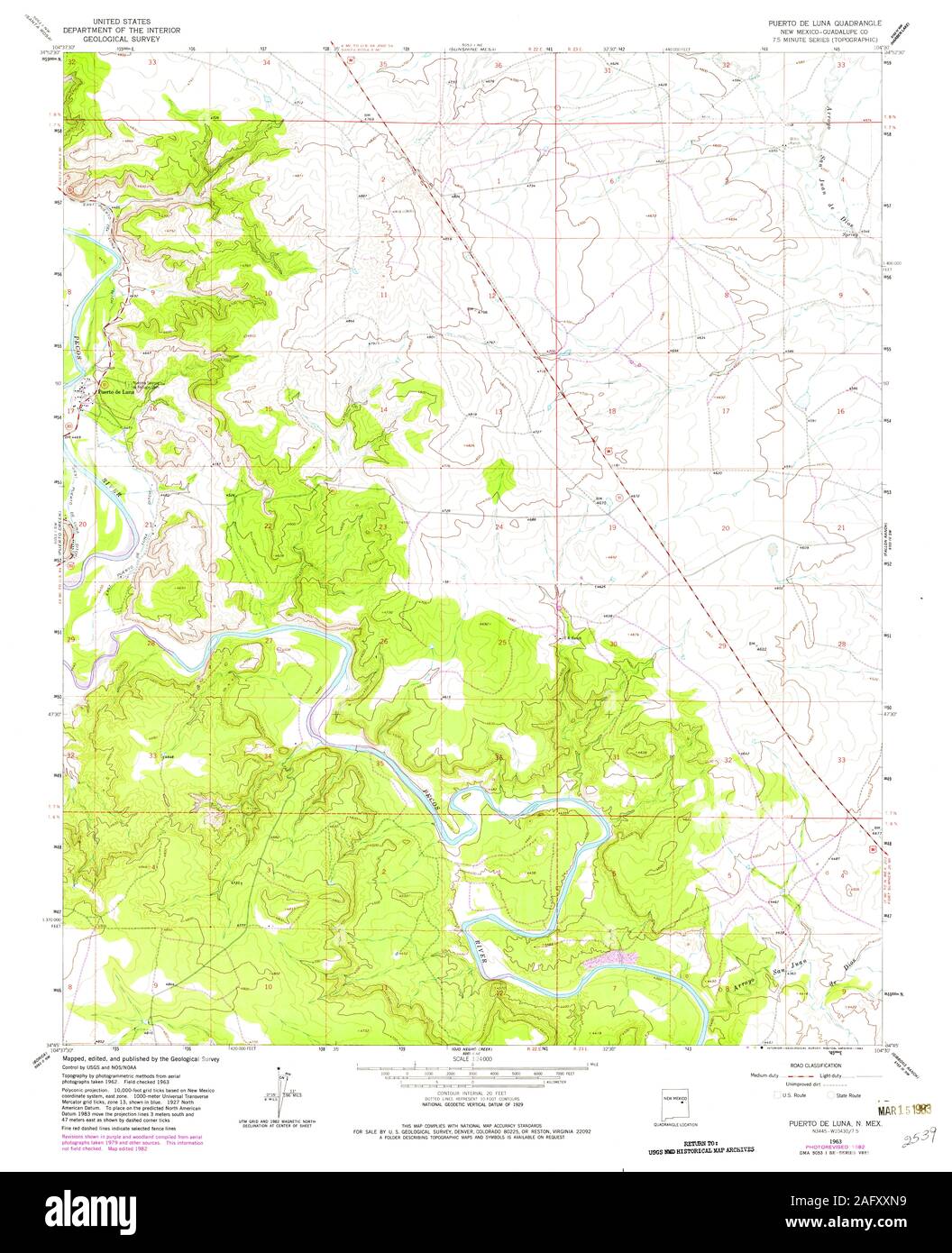 USGS TOPO Map New Mexico NM Puerto De Luna 191982 1963 24000 Restauro Foto Stock