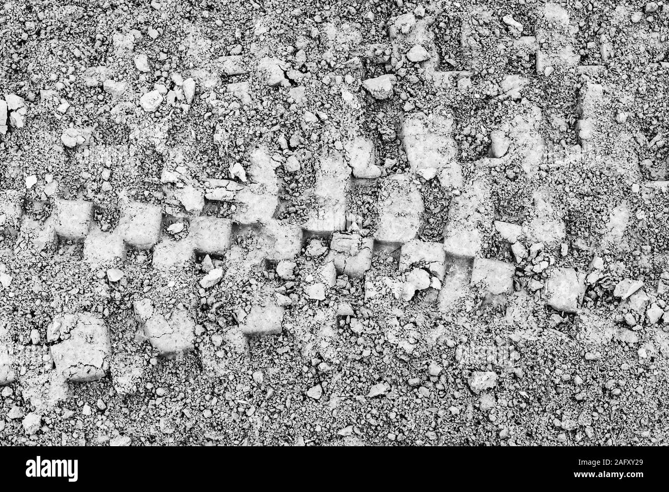 Texture di tracce di pneumatici su terreno asciutto. Sfondo astratti per la progettazione. Monocromatico. Foto Stock