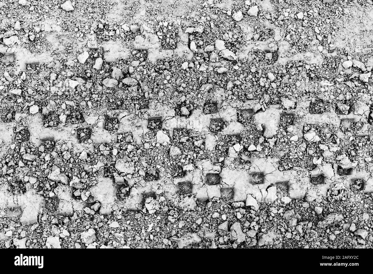 Texture di tracce di pneumatici su terreno asciutto. Sfondo astratti per la progettazione. Monocromatico. Foto Stock