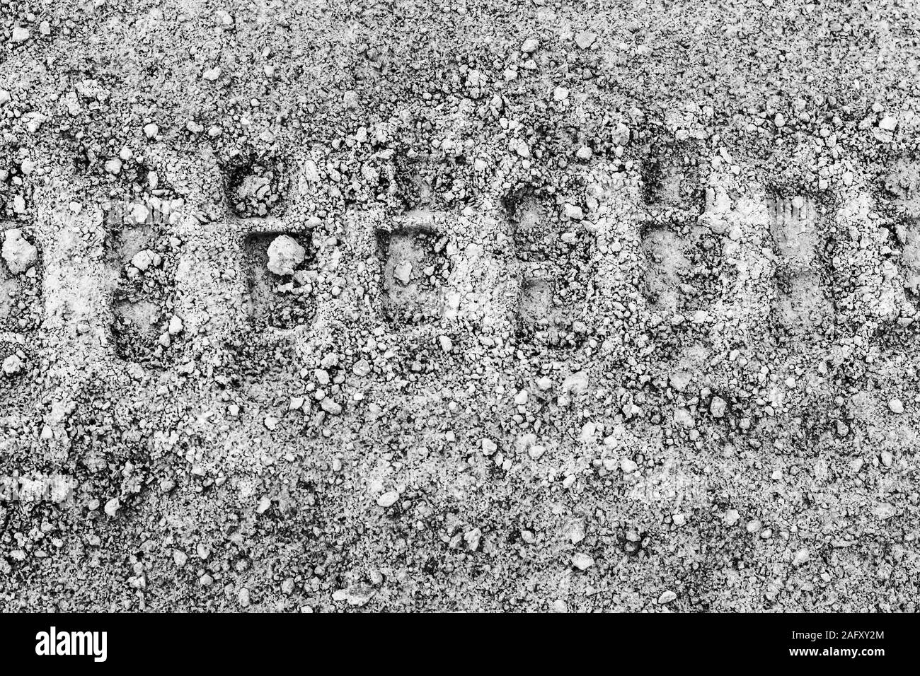 Texture di tracce di pneumatici su terreno asciutto. Sfondo astratti per la progettazione. Monocromatico. Foto Stock