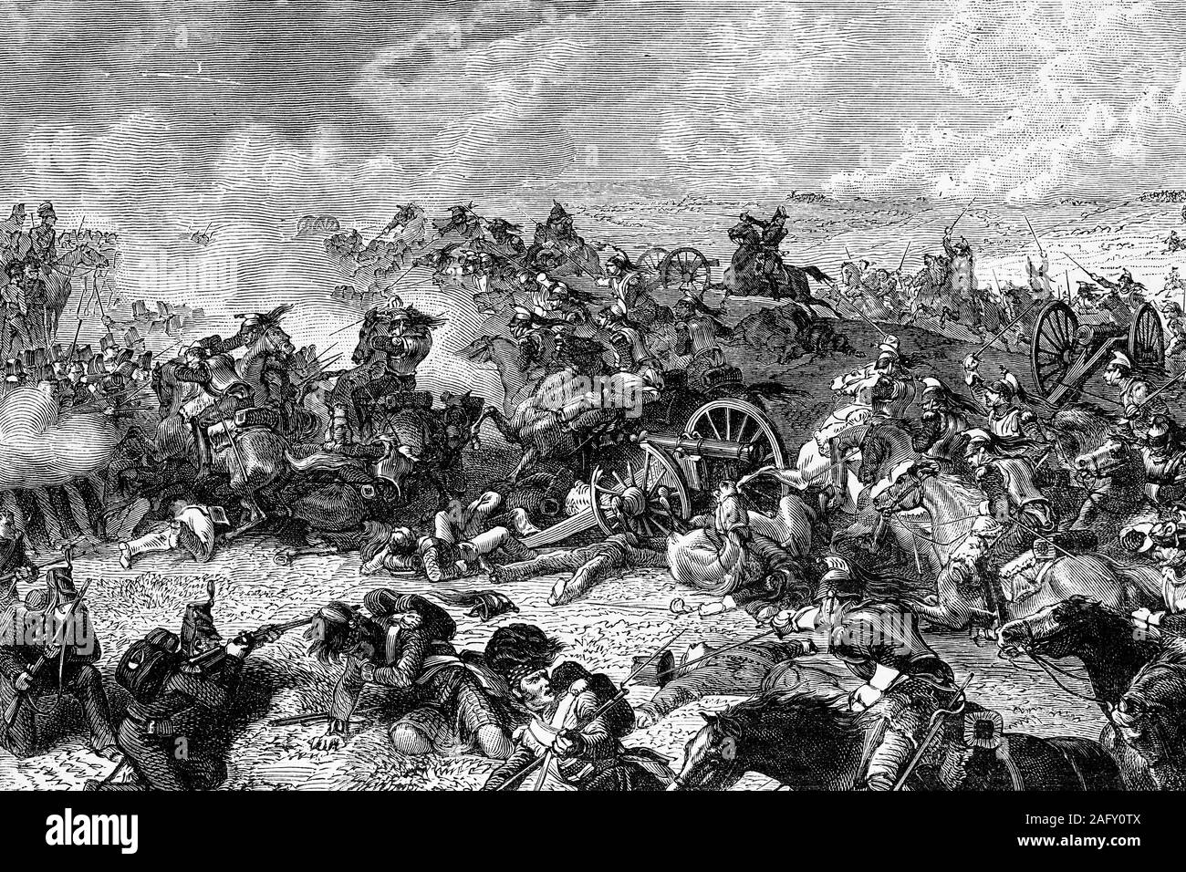 La battaglia di Waterloo. Il 18 giugno 1815. Il Maresciallo Ney comandando il cuirassiers della divisione Defort carica la Alten divisione. Illustrazione di antiquariato. 18 Foto Stock
