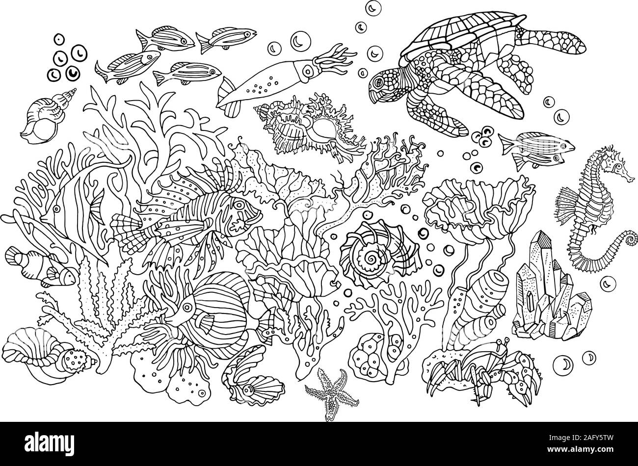 Mondo Sottomarino : Ambiente, natura, mare oceano. Disegnata a mano illustrazione. Libro da colorare pagina, cartolina. Illustrazione Vettoriale