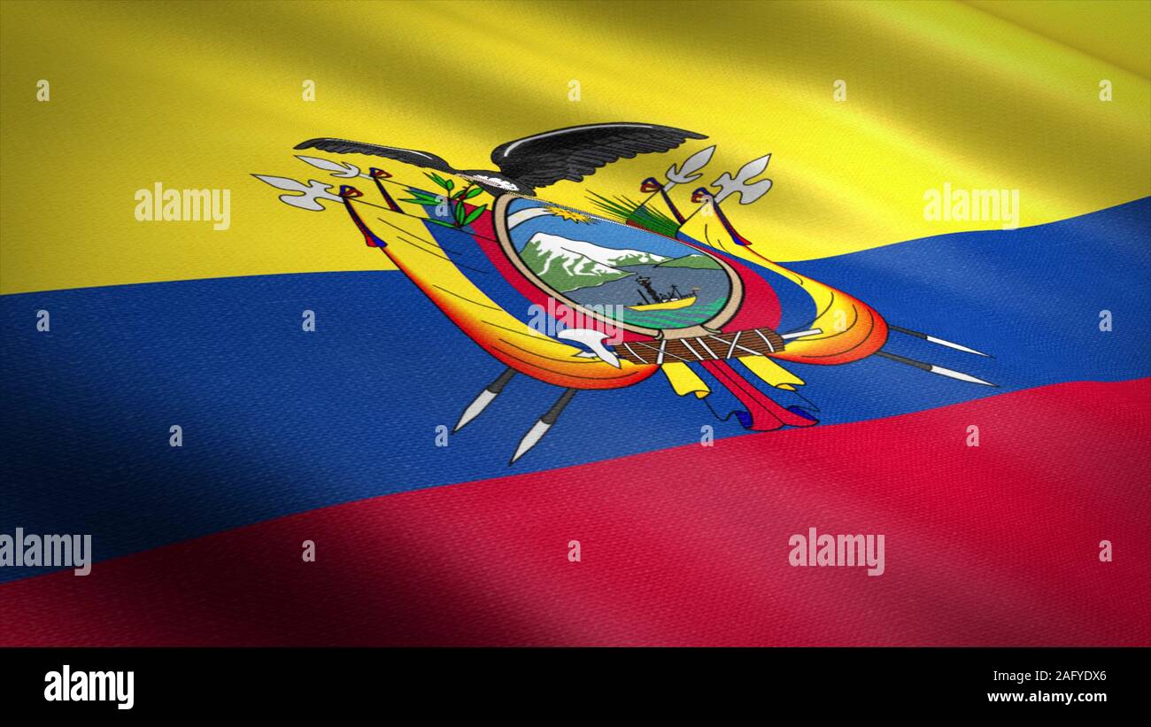 Bandiera dell'Ecuador. Realistico sventola bandiera 3D render illustrazione con altamente dettagliate texture di tessuto. Foto Stock