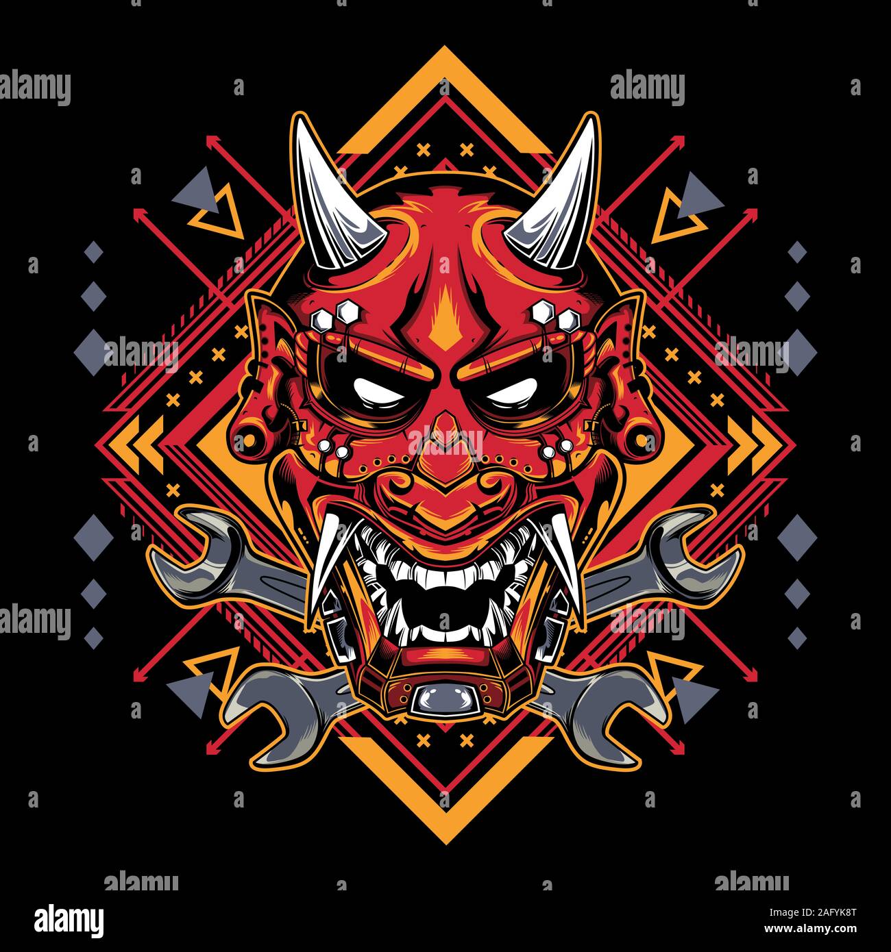 Il demone giapponese maschera tribale con geometria sacra per T-Shirt grafica, Hoodies, canotte, tazze, telefono casi, adesivi, manifesti ecc. Foto Stock