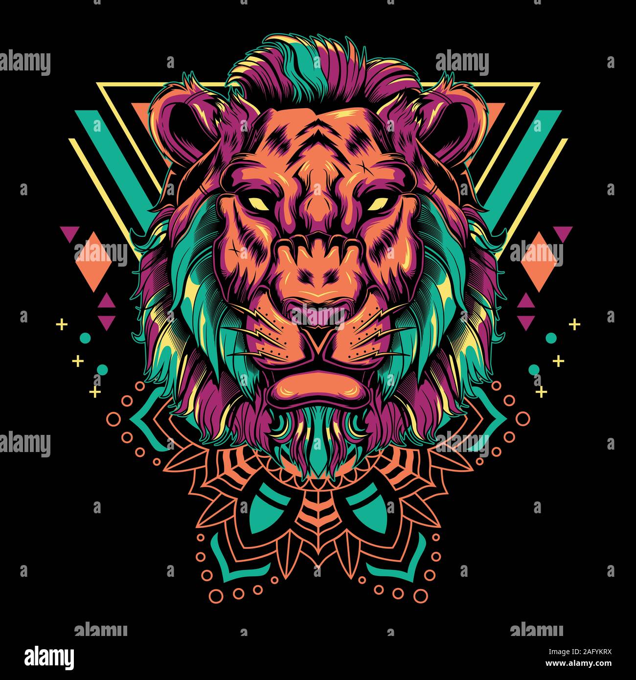 Cool Lion vettore geometria Mandala illustrazione in sfondo nero per T-Shirt grafica, Hoodies, canotte, tazze, telefono casi, adesivi, manifesti ecc. Foto Stock