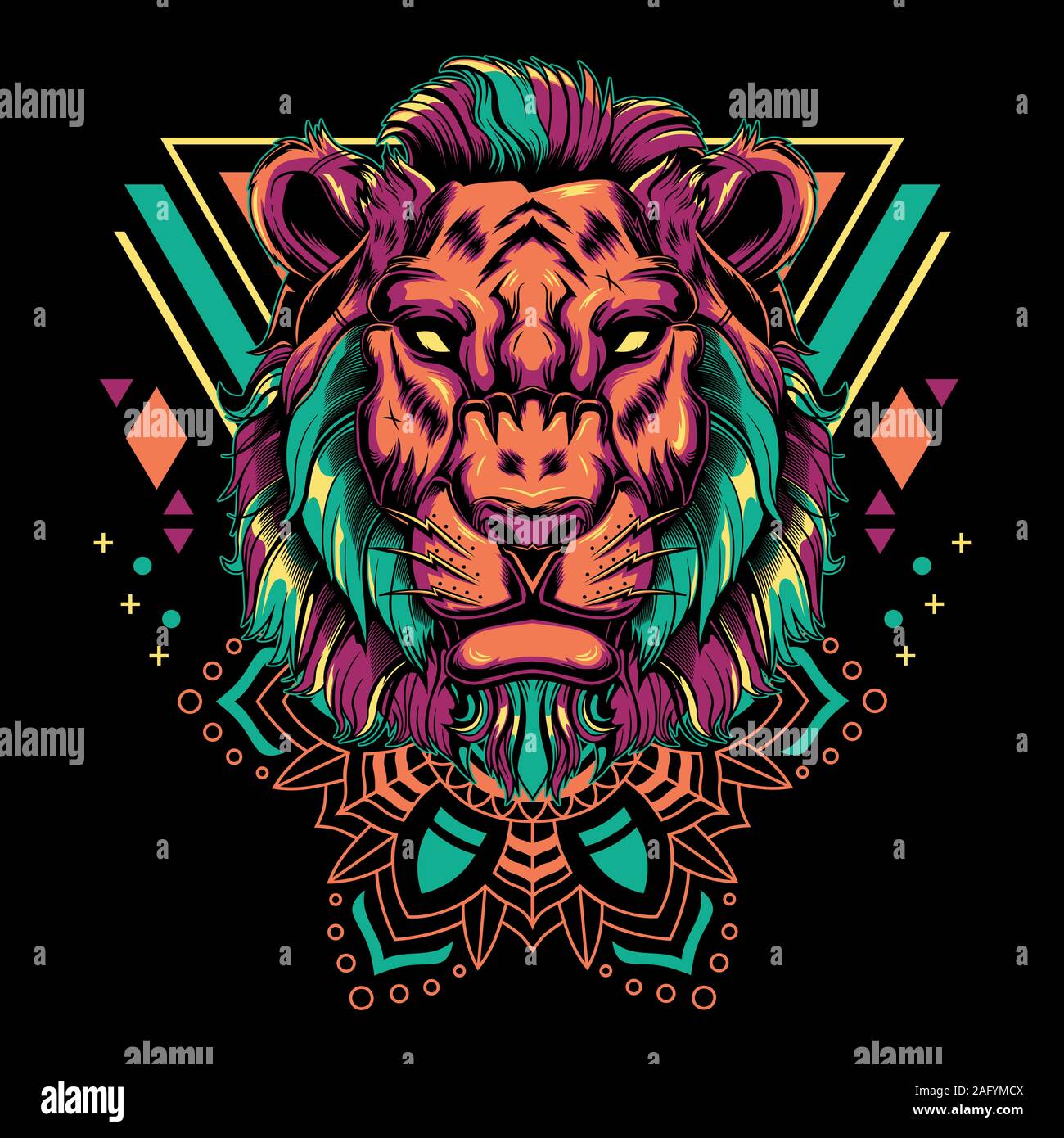 Cool Lion vettore geometria Mandala illustrazione in sfondo nero per T-Shirt grafica, Hoodies, canotte, tazze, telefono casi, adesivi, manifesti ecc. Illustrazione Vettoriale