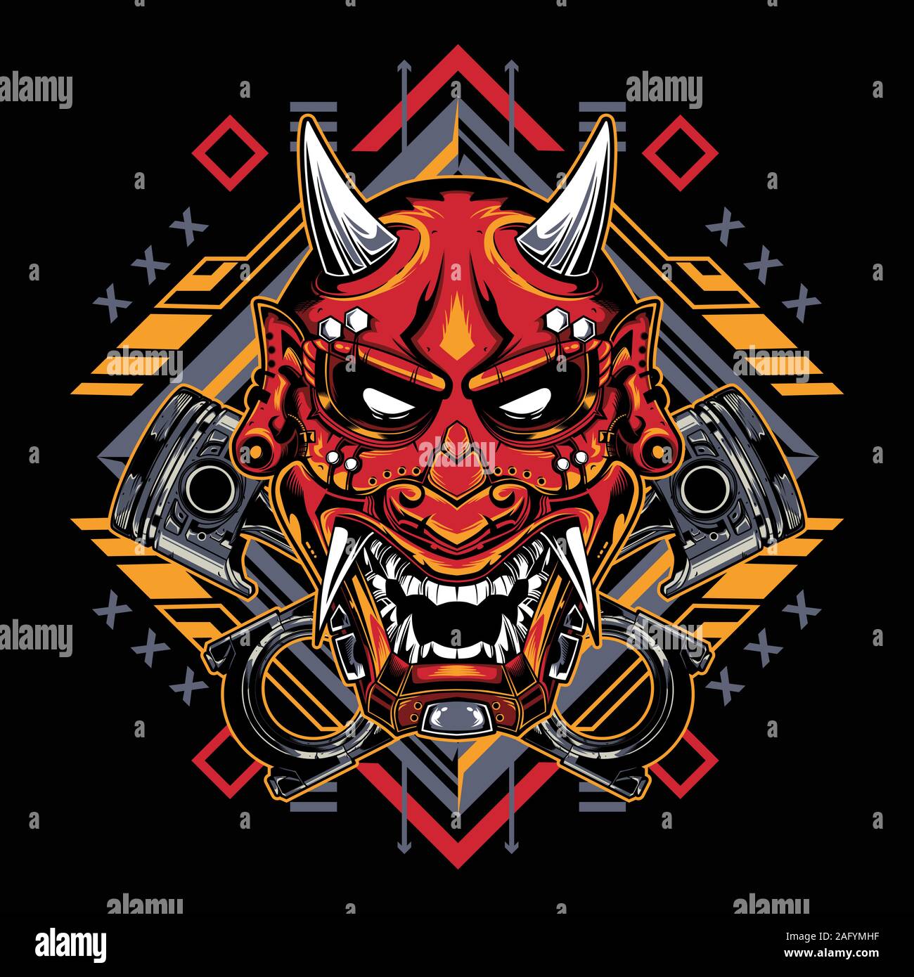 Il demone giapponese maschera tribale con geometria sacra per T-Shirt grafica, Hoodies, canotte, tazze, telefono casi, adesivi, manifesti ecc. Illustrazione Vettoriale