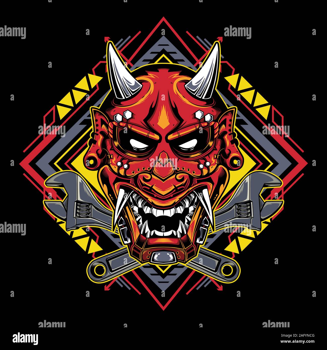 Il demone giapponese maschera tribale con geometria sacra per T-Shirt grafica, Hoodies, canotte, tazze, telefono casi, adesivi, manifesti ecc. Illustrazione Vettoriale