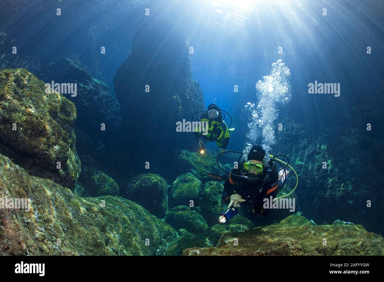 Sommozzatore in una rocciosa reef Mediterraneo inondata di luce solare, Zante, Island, Grecia Foto Stock