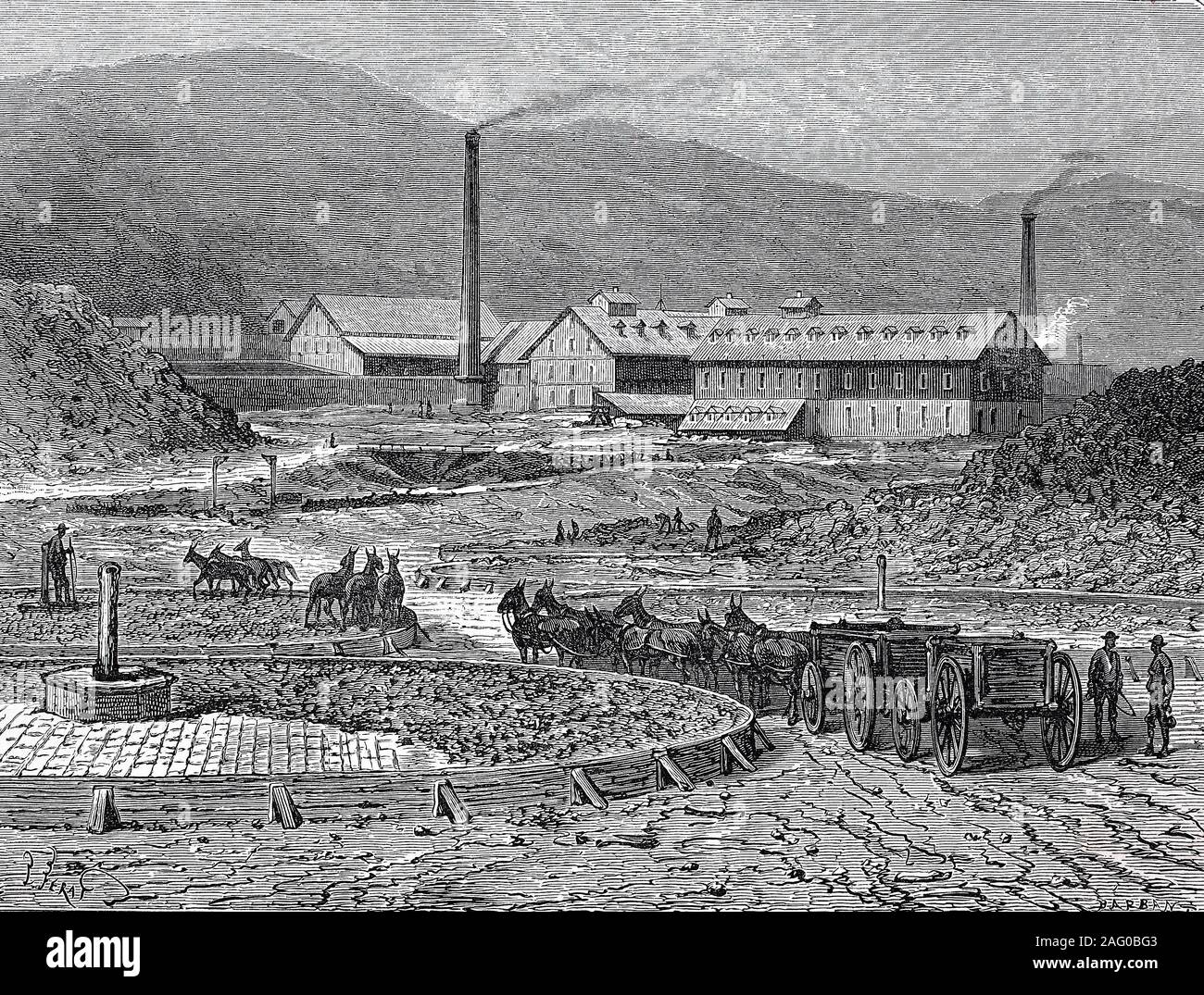 Silver City,arrastra, primitiva di un mulino per la macinazione e polverizzazione di minerale di argento, California / Silver City, Silberne Stadt im Berggebiet von zentralem Tulare County, Kalifornien, riproduzione di un originale di stampa dal xix secolo, digitale migliorato / Reproduktion einer Vorlage aus dem 19. Jahrhundert, digital verbessert Foto Stock