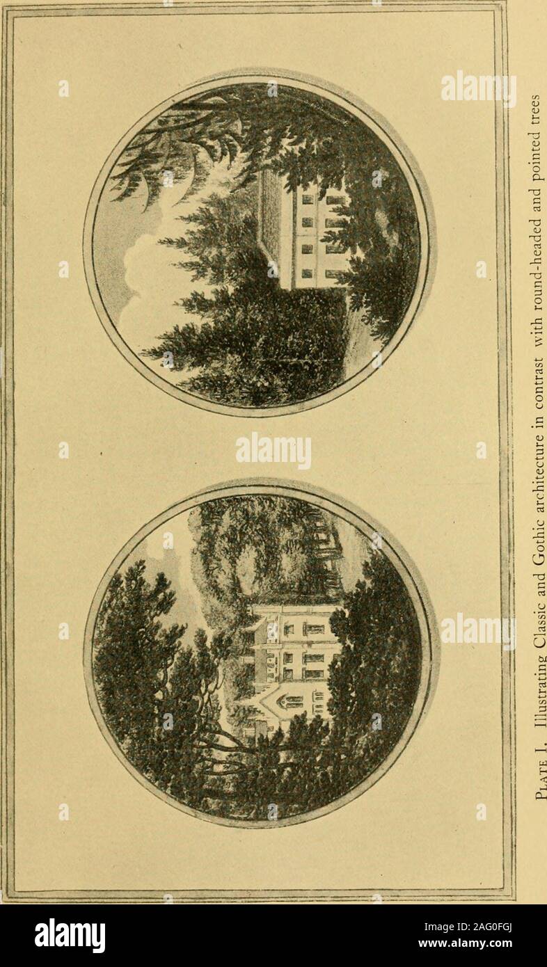 . L'arte del giardinaggio. Edifici •* Torri e merlature egli vede.Embosomd alta in alberi tufted ; e che quelli del Grecian si concilia withround o conica alberi; ma se la base è nascosto il con-trast di quest'ultimo sarà più piacevole. Lo stile gotico di architettura essendo la maggior parte di cal colati per aggiunte o riparazioni di una vecchia casa, ho mighthere venture per consigliare il cliente di mereutility ; ma se si tiene in conto che pictur-esque effetto che è sempre prodotta dall'mixtureof edifici gotici con a testa tonda alberi, ho confessmyself ad essere piuttosto s Foto Stock
