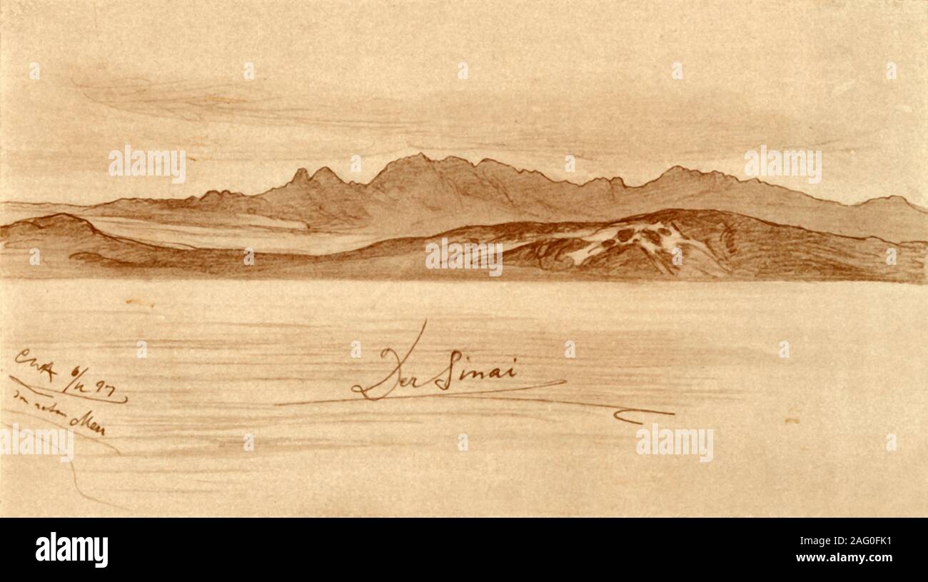 Il Sinai, Egitto, 1898. Vista delle montagne sulla penisola del Sinai che si trova tra il Mar Mediterraneo a nord ed il Mar Rosso a sud. 'Der Sinai'. Da "rund um die Erde" [attorno alla Terra], scritto ed illustrato da C. W. Allers. [Union Deutsche Verlagsgesellschaft, Stuttgart, 1898] Foto Stock