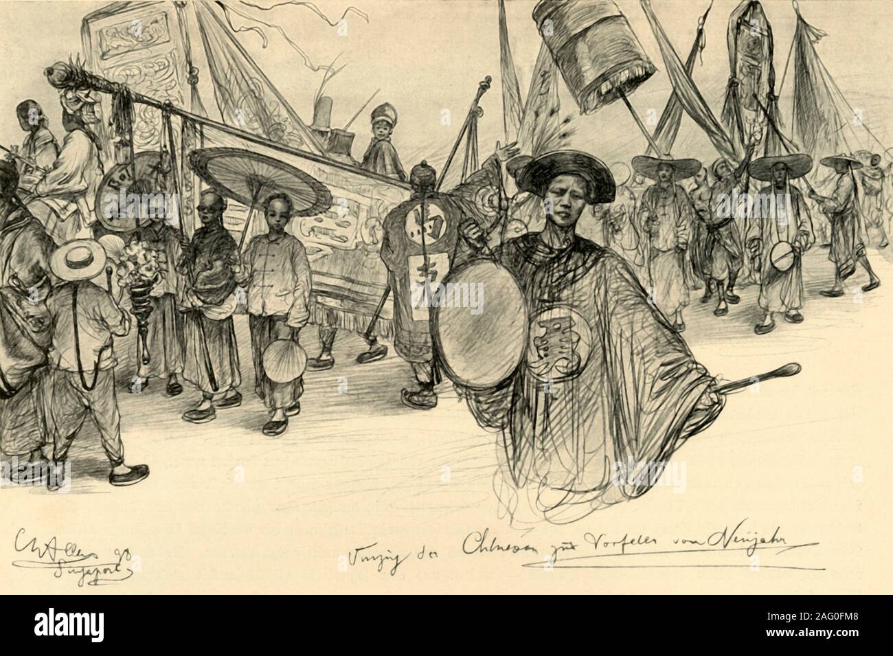 Nuovo anno e parata a Singapore, 1898. Processione cinese. Da "rund um die Erde" [attorno alla Terra], scritto ed illustrato da C. W. Allers. [Union Deutsche Verlagsgesellschaft, Stuttgart, 1898] Foto Stock