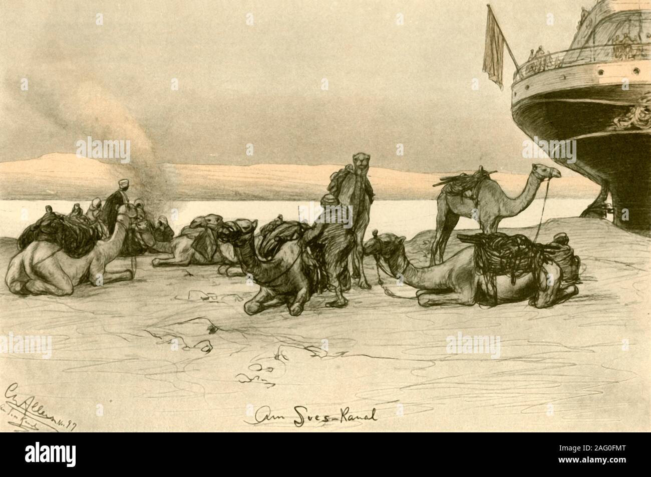 Al canale di Suez, 1898. 'Am Sues-Kanal' - cammelli sulla riva del canale, Egitto. Da "rund um die Erde" [attorno alla Terra], scritto ed illustrato da C. W. Allers. [Union Deutsche Verlagsgesellschaft, Stuttgart, 1898] Foto Stock