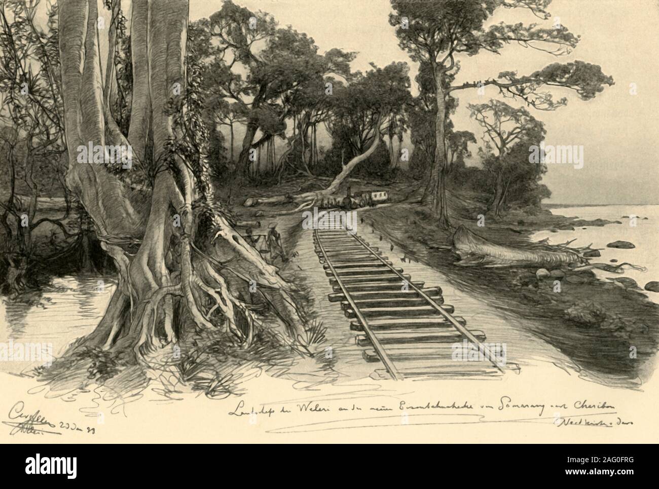 Dalla stazione ferroviaria, Weleri, Java, 1898. Locomotiva a vapore sulla via verso Semarang e Cirebon. Da "rund um die Erde" [attorno alla Terra], scritto ed illustrato da C. W. Allers. [Union Deutsche Verlagsgesellschaft, Stuttgart, 1898] Foto Stock