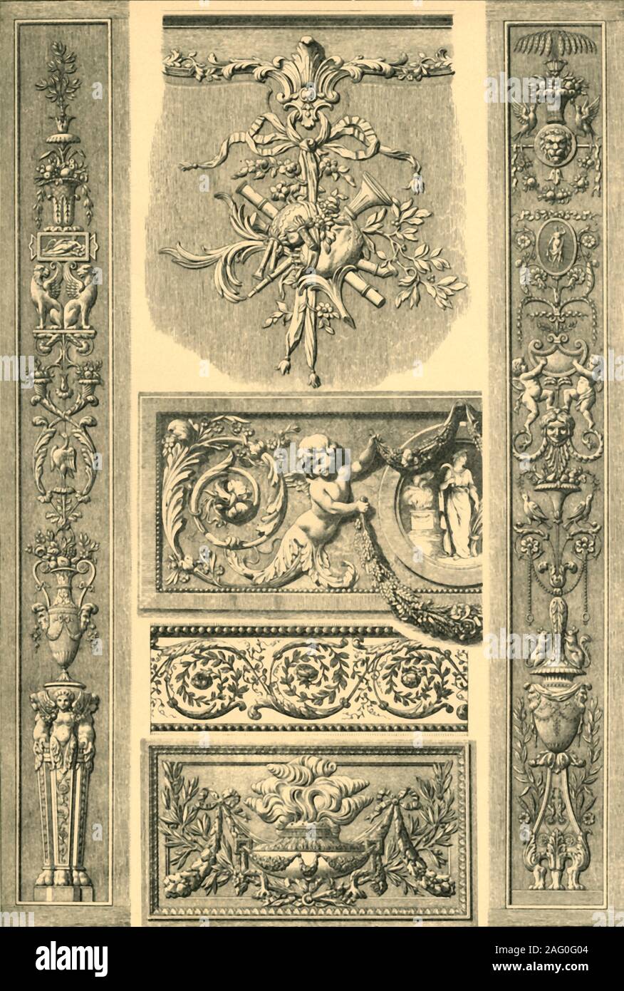 Intonaco dipinto ornamento, Francia XVIII secolo (1898). 'Fig 1: sculture in legno su un wainscot nella stanza della musica della libreria di Arsenal a Parigi, stile Luigi XV [c]1715-1774. Le figure 2 e 3: lesena scolpito dal wainscot di una berlina a Parigi, stile Luigi XVI [c]1774-1792. Fig 4: fregio dipinto da boudoir della regina Maria Antonietta nel castello di Fontainebleau, stile Luigi XVI. Figura 5: Pannello di stucco una cavità longitudinale a un soffitto di una berlina a Parigi, stile Luigi XVI. Figura 6. Intagliate il pannello a parete al di sopra di una berlina porta la H&#xf4;tel de Ville a Bordeaux, stile Luigi XVI..."Zopfst Foto Stock