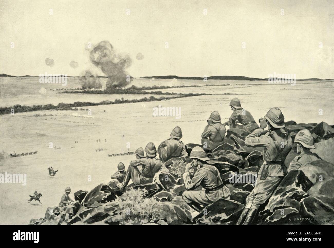 "La battaglia di Paardeberg', 1900. La battaglia di Paardeberg fu combattuta durante la Seconda guerra boera. Piet Cronje dell esercito Boero in ritiro, è stata intercettata dal maggior generale John Francese presso Paardeberg, dove il generale di Boer finalmente si arrese dopo un lungo assedio. Da "Il Sud Africa e la guerra Transvaal, Vol. IV", da Luigi Creswicke. [T. C. &AMP; E. C. Jack, Edimburgo, 1900] Foto Stock