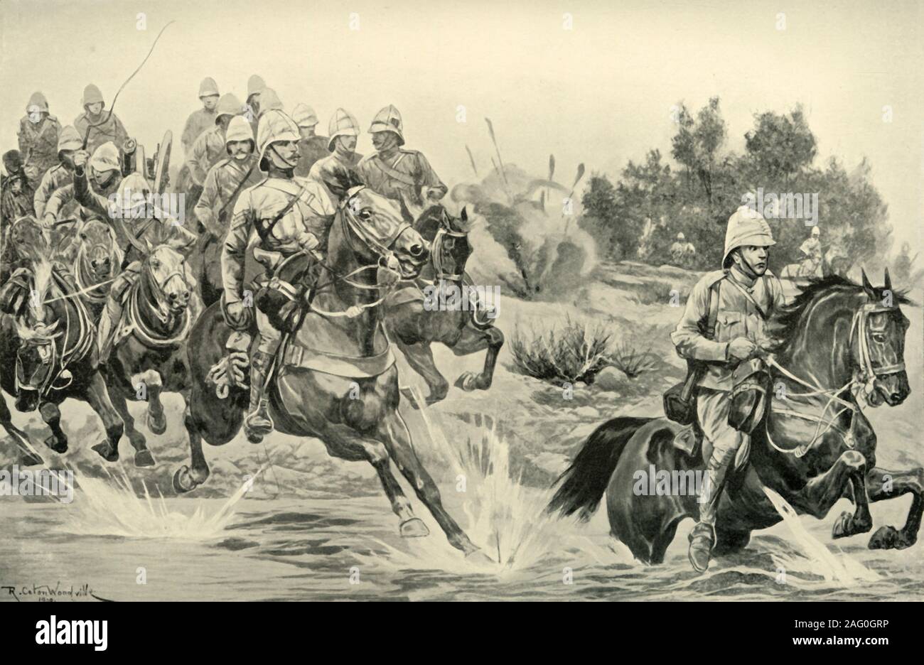 "Il grande anticipo: Royal Artillery Cavallo (divisione di cavalleria) attraversando il Vaal', 1901. Da "Il Sud Africa e la guerra Transvaal, Vol. V", da Luigi Creswicke. [T. C. &AMP; E. C. Jack, Edimburgo, 1901] Foto Stock