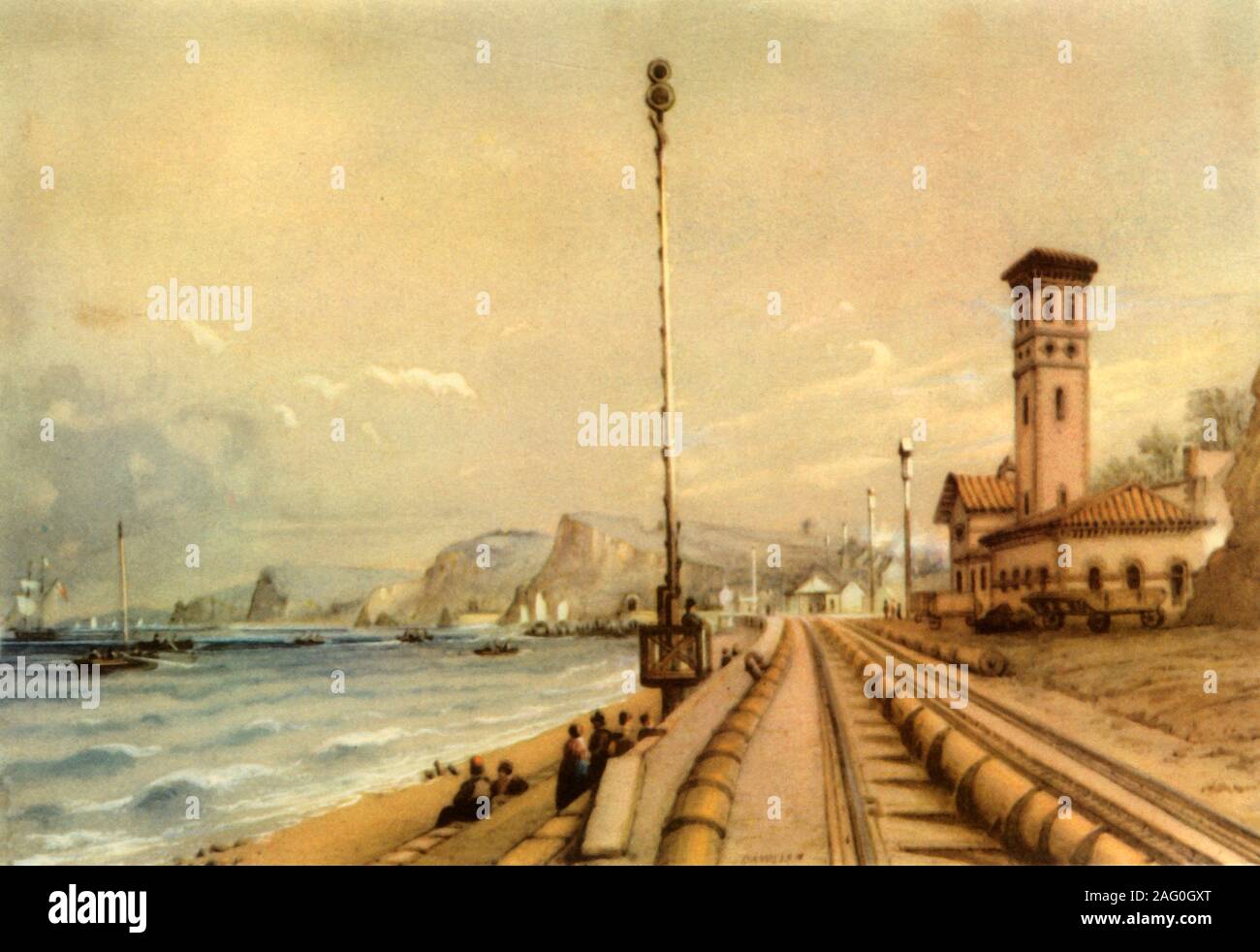 'La ferrovia atmosferica a Dawlish, 1847", (1945). Linea ferroviaria che corre lungo il fronte mare della città di Dawlish sulla costa sud del Devon. Il sistema atmosferico è stato ideato da ingegneri inglesi Samuel Clegg Jnr e Giuseppe Samuda e installato sulla South Devon Railway da Isambard Kingdom Brunel. Una serie di case di motore, con vapore-pompe azionate, erano situate ogni circa tre miglia lungo il percorso. Questi fornito la potenza per la pressione atmosferica che spinto il treno, eliminando la necessità di una locomotiva. Il sistema è stato costoso da mantenere comunque e la linea presto ri Foto Stock