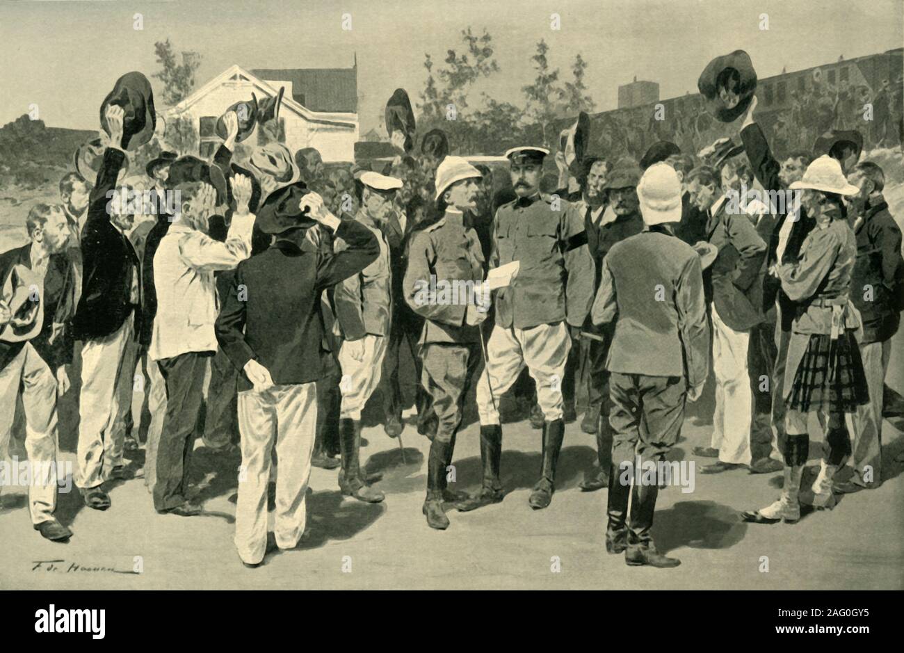 'Surrendered Boers a Belfast ansiosi di unire la Scout Nazionale dopo essere stata indirizzata da Lord Kitchener', 1902. Lord Kitchener come capo del personale (1900-1902) nella Seconda guerra boera ha giocato un ruolo chiave nella conquista della repubblica boera. Da "Il Sud Africa e la guerra Transvaal, Vol. VII", da Luigi Creswicke. [Il Caxton Publishing Co., London, 1902] Foto Stock