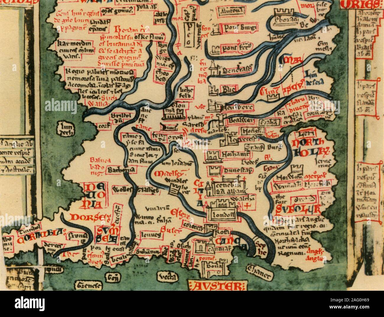 'Matthew Parigi la mappa della Gran Bretagna, c.1250', (1944). Dettaglio mostrante i fiumi e le città nel sud dell Inghilterra e parte del Galles. Molti toponimi sono ancora oggi riconoscibile. La parola "austera', ha scritto sopra il canale in inglese in fondo, si riferisce al vento portando pesanti di nubi e nebbia. Mappa disegnata dallo storico Matteo Parigi, Monaco a St Alban&#x2019;abbazia di s. Il cotone MS Claudio D.vi, f.12v, manoscritto della British Library di Londra. Da "British Mappe e Map-Makers", da Edward Lynam. [Collins, London, 1944] Foto Stock