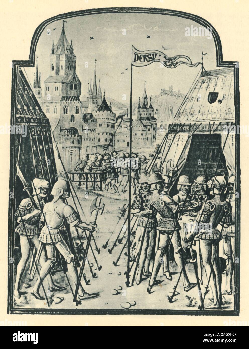'James Earl di Douglas vince il Sir Henry Percy's Pennon durante la lotta prima di Newcastle, 1388', c1456, (1946). La battaglia di Otterburn ha avuto luogo in Northumberland nel mese di agosto 1388. Durante i combattimenti il pennon di Henry Percy, 1° Conte di Northumberland - Percy è qui scritto 'Persy' - è stata catturata da James Douglas, 2° Conte di Douglas. Dopo un manoscritto illuminato in Froissart "Chronicles". Da "La vita tra gli scozzesi", da Janet Adam Smith. [Collins, London, 1946] Foto Stock