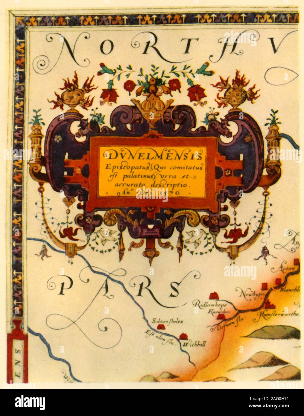 "Cartiglio da A. Ryther su Saxton la mappa di Durham, 1576", (1944). Dettagli su una mappa della contea di Durham (la parola latina "unelmensis' mezzi di o da Durham). Uno di 35 mappe colorate in "Atlas delle contee di Inghilterra e Galles", il primo atlante di qualsiasi paese, realizzato da Christopher Saxton. Manoscritto della British Library di Londra. Da "British Mappe e Map-Makers", da Edward Lynam. [Collins, London, 1944] Foto Stock