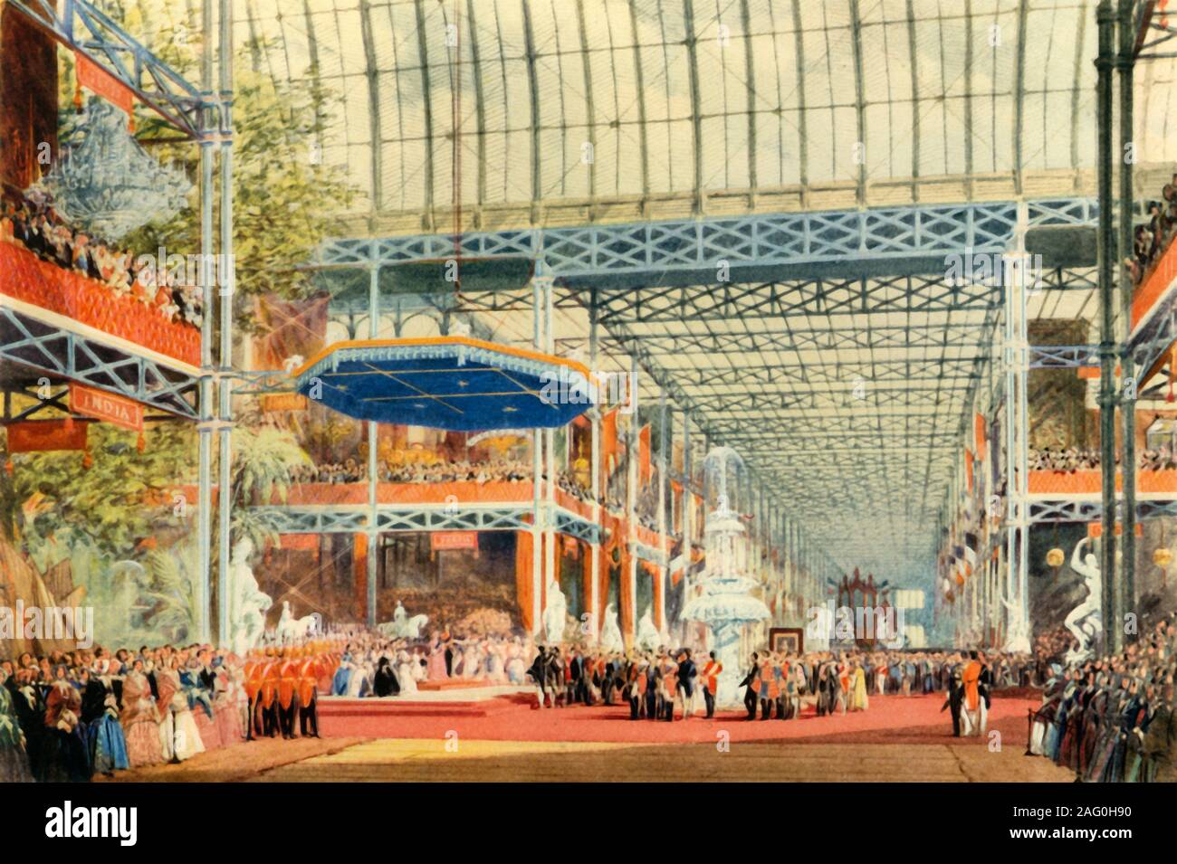 "L'apertura della grande mostra di Queen Victoria il 1 ° maggio 1851', (1942). La regina Victoria (1819-1901) l'apertura della grande mostra a scopo-costruito Crystal Palace a Londra in Hyde Park. Concepito da suo marito Prince Albert, la mostra è stata destinata per la vetrina " Lavori dell'industria di tutte le nazioni". Il Crystal Palace è stato il primo a larga scala ferrovitreous prefabbricati (ferro e vetro) struttura, ed è stato progettato dal paesaggista, Joseph Paxton. Il design prefabbricati realizzati alla costruzione e al successivo smantellamento dell'edificio, più facile e più veloce. Ci sono state o Foto Stock