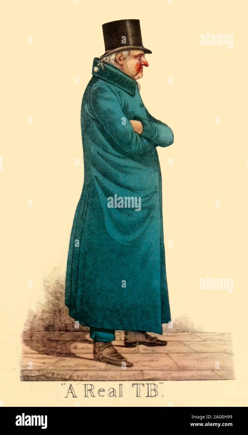 "Un vero TB', 1824, (1945). "Una vera e propria Blue', (Tory Royalist). La caricatura di editore britannico, libraio e stampante John Bell (1745-1831). Bell è stato responsabile di un carattere tipografico che ha omesso la lunga 's'. Ha altresì commissionato opera d'arte per accompagnare le opere a stampa. Da "giornalisti britannici e quotidiani", da Derek Hudson. [Collins, London, 1945] Foto Stock