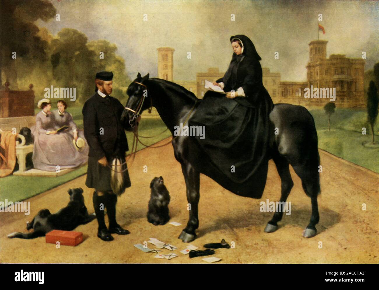 "Queen Victoria a Osborne', 1865-1867, (1943). Ritratto della Regina Victoria (1819-1901) in lutto, seduto sul suo pony, Flora, detenute dal suo servo e favorito John Brown (1826-1883). Dietro si trova la residenza reale di Osborne. L'orologio si erge a 3 pm. Sul terreno si trovano i suoi guanti e lettere https://www.rct.uk/collection/403580/queen-victoria-at-osborne cani, un Border Collie (probabilmente Sharp) e a Skye Terrier chiamato principe. La scatola che conteneva le lettere è anche sul terreno. La principessa Louise e la principessa Helena sono seduti in background con un terrier. La pittura nel Royal Foto Stock