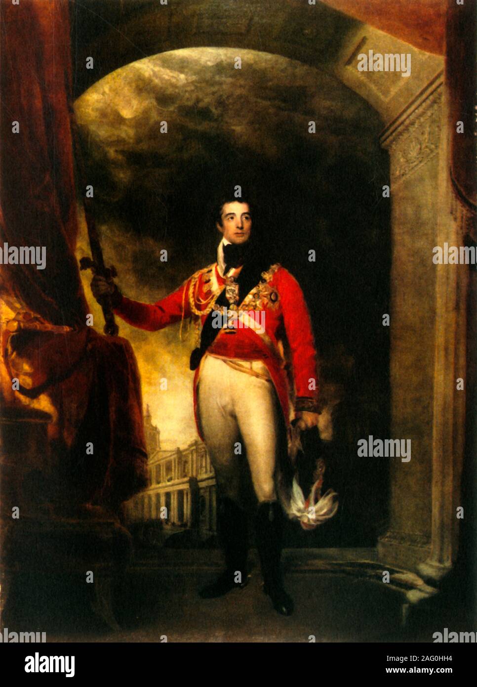 Arthur Wellesley, primo duca di Wellington, 1814-1815, (1944). Ritratto di soldato anglo-irlandese e futuro primo ministro britannico Arthur Wellesley Duca di Wellington (1761-1852) indossa maresciallo di campo uniforme e in piedi in stile romano, arco trionfale. Egli detiene aloft la spada di stato (simboleggianti i sovrani autorità reale) in un gesto eroico. Il ritratto è stato commissionato da George IV nell'estate 1814 dopo la prima sconfitta di Napoleone. Dipinto nella Collezione Reale al Castello di Windsor. Da "i soldati britannici', da S. H. F. Johnston. [Collins, London, 1944] Foto Stock