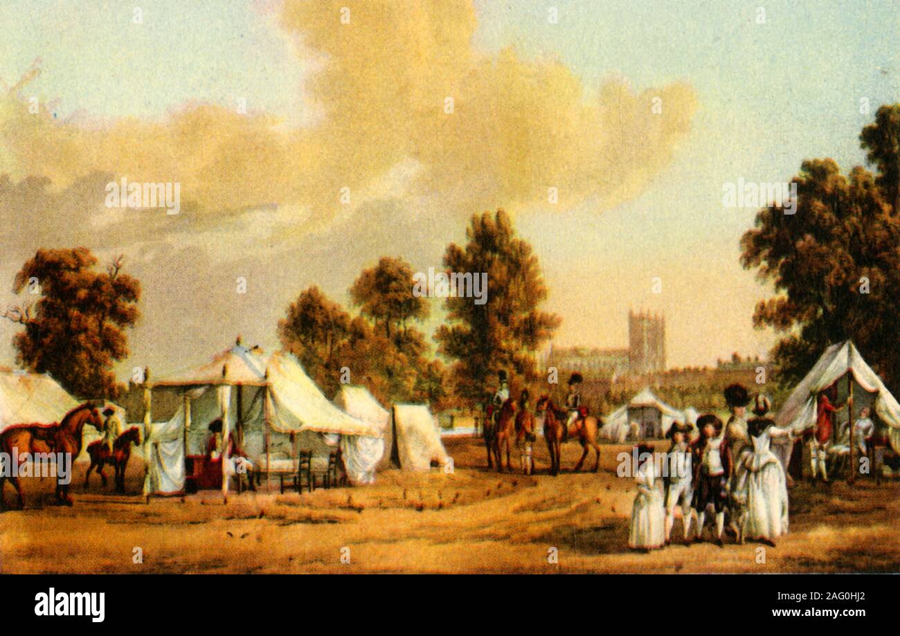 'Un accampamento militare nel parco di St. James durante i tumulti di Gordon, 1780', c1783, (1944). Le truppe erano stazionati in St James Park, Westminster, London, come una risposta al Gordon tumulti, diversi giorni di disordini basato sull'anti-sensazione di Cattolica. Vi è stata una diffusa tafferugli e saccheggi, compresi gli attacchi su Newgate la prigione e la Banca di Inghilterra. L'esercito si è spostato dentro e ha iniziato a sparare, risultante in un importo stimato in 300-700 decessi. Da "i soldati britannici', da S. H. F. Johnston. [Collins, London, 1944] Foto Stock