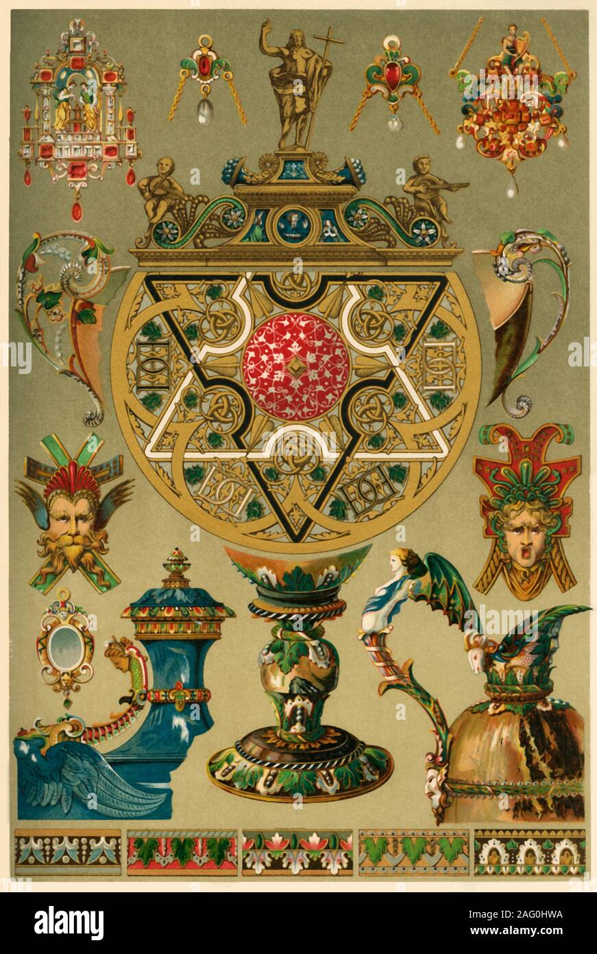 Rinascimento italiano opere in metalli preziosi e smalti, (1898). 'Fig 1:  coronamento di un piccolo altare nella Galerie d'Apollon del Louvre a  Parigi. Fig 2: da un vaso di lapislazzuli nella Galleria