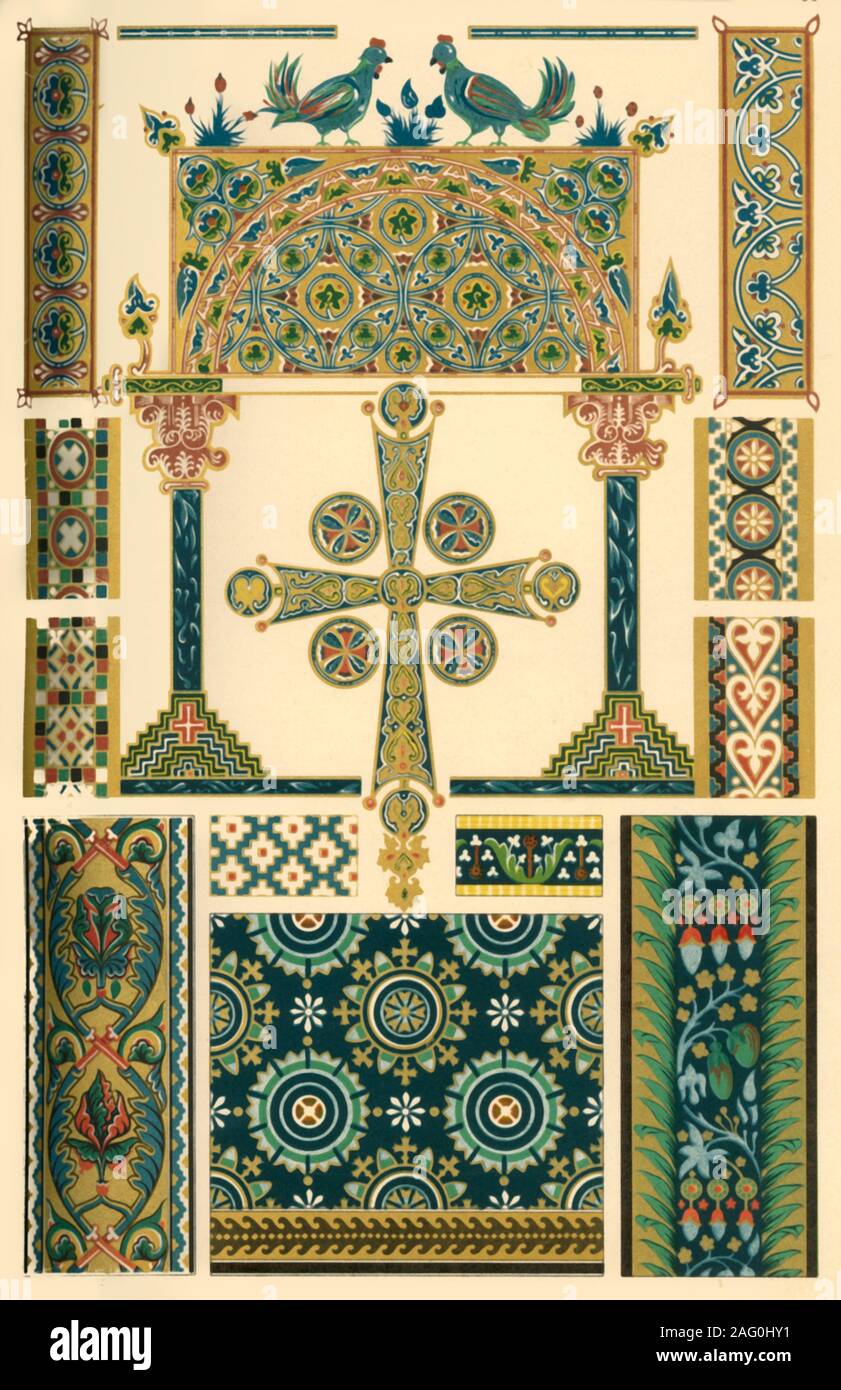 Bizantina mosaico di vetro, smalto colorato, illuminazione, (1898). 'Fig 1: Vetro-mosaico dal vault cilindrico sopra la navata centrale della tomba-chiesa di Galla Placidia a Ravenna [Italia]. Fig 2: Vetro-mosaico dalle pareti della basilica di San Marco, Venezia. Fig 3: Vetro-mosaico da uno dei semi-cupole di Sta. Sofia, Costantinopoli [Istanbul]. Fig 4: Vetro-mosaico dalla volta del Battistero di Ecclesia Ursiana (S. Giovanni in Fonte) a Ravenna. Figg.5-9: "&#xc9;posta cloisonn&#xe9;" da un Altar-Antependium nel chiostro-chiesa di Comburg vicino Schw&#xe4;bisch Hall [Germania]. Le figure 10 a Foto Stock