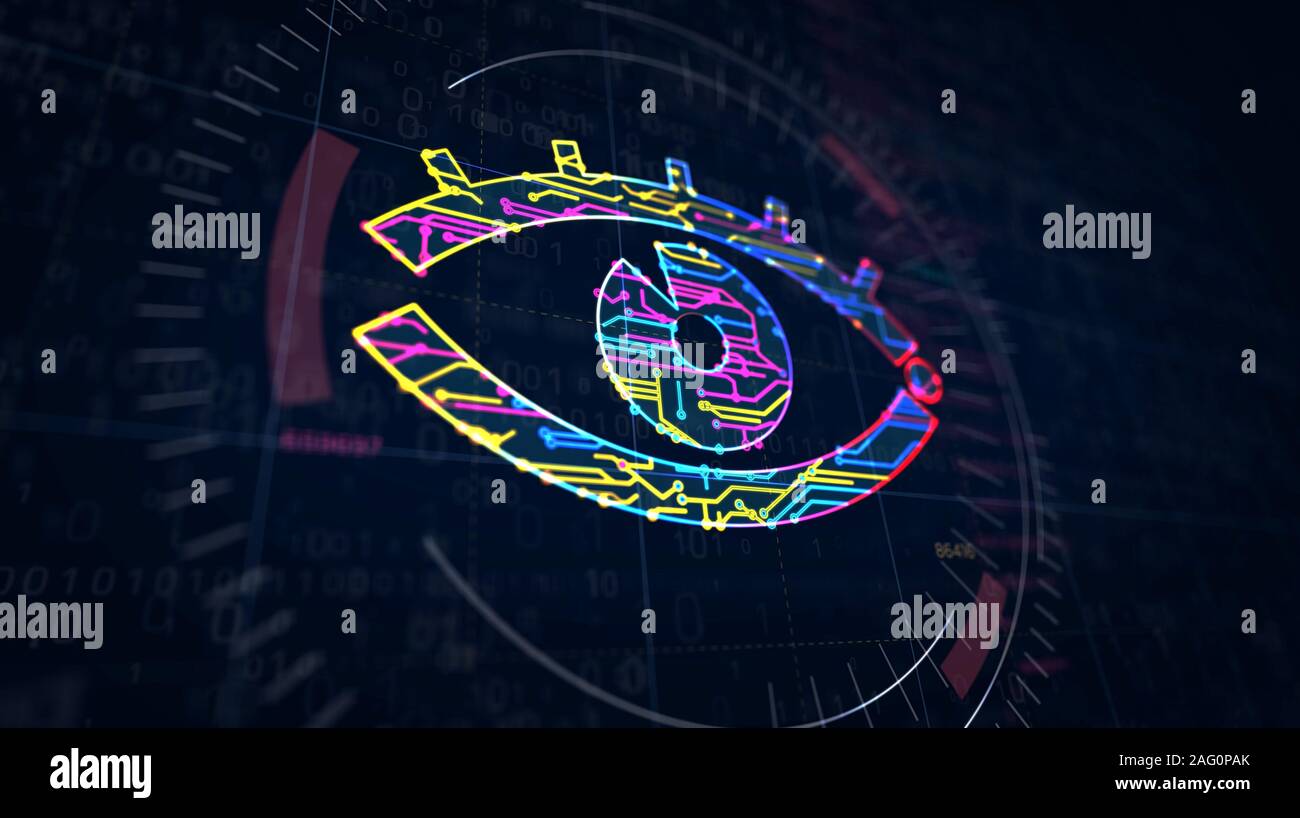 Cyber spionaggio con occhio simbolo la creazione del progetto. Concetto astratto di sorveglianza, cyber spionaggio, la pirateria e la violazione della privacy 3d'illustrazione. Drawi Foto Stock