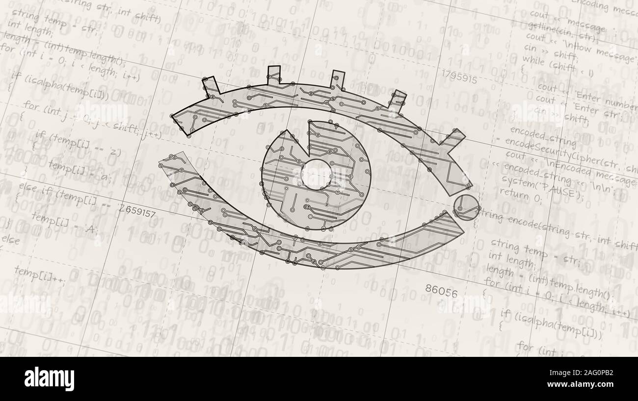 Cyber spionaggio con occhio simbolo la creazione del progetto. Concetto astratto di sorveglianza, cyber spionaggio, la pirateria e la violazione della privacy 3d'illustrazione. Drawi Foto Stock