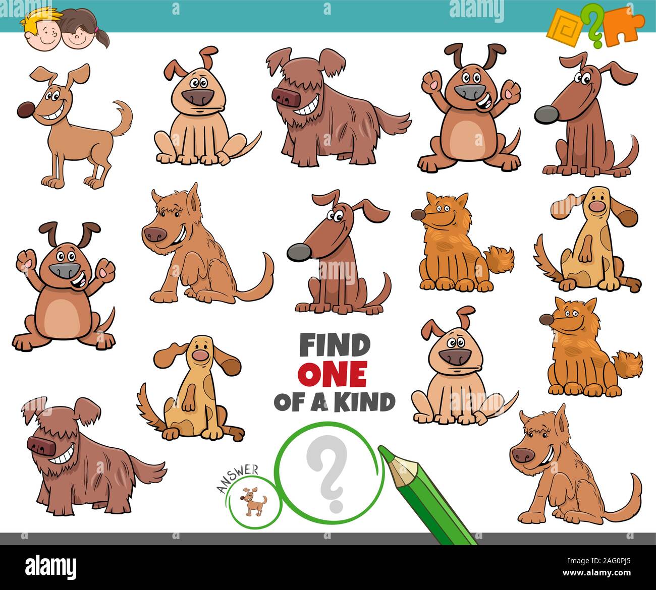 Cartoon illustrazione di trovare un tipo di immagine gioco educativo divertente con cani e cuccioli caratteri di origine animale Illustrazione Vettoriale