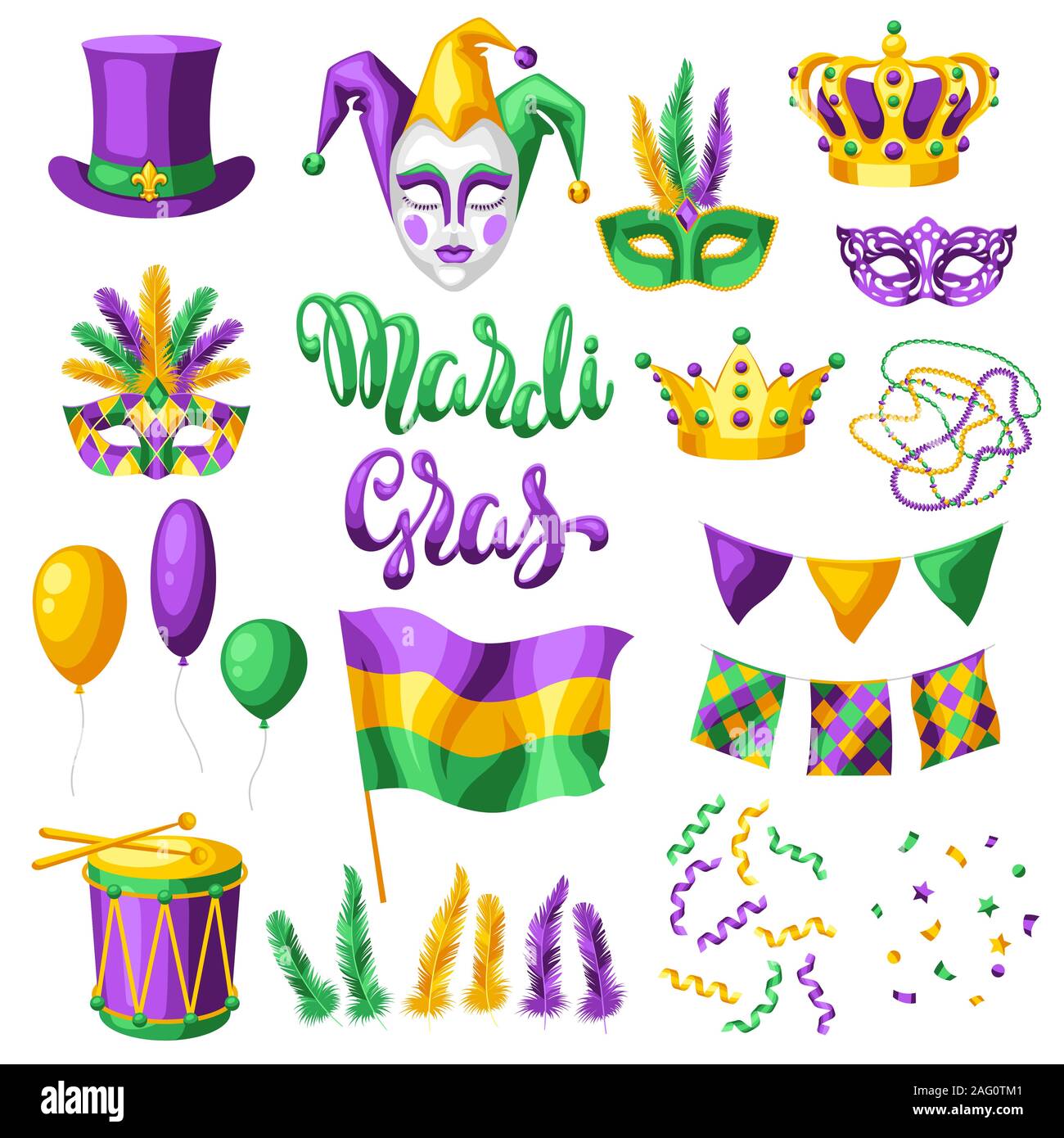 Mardi Gras party set di elementi. Illustrazione Vettoriale