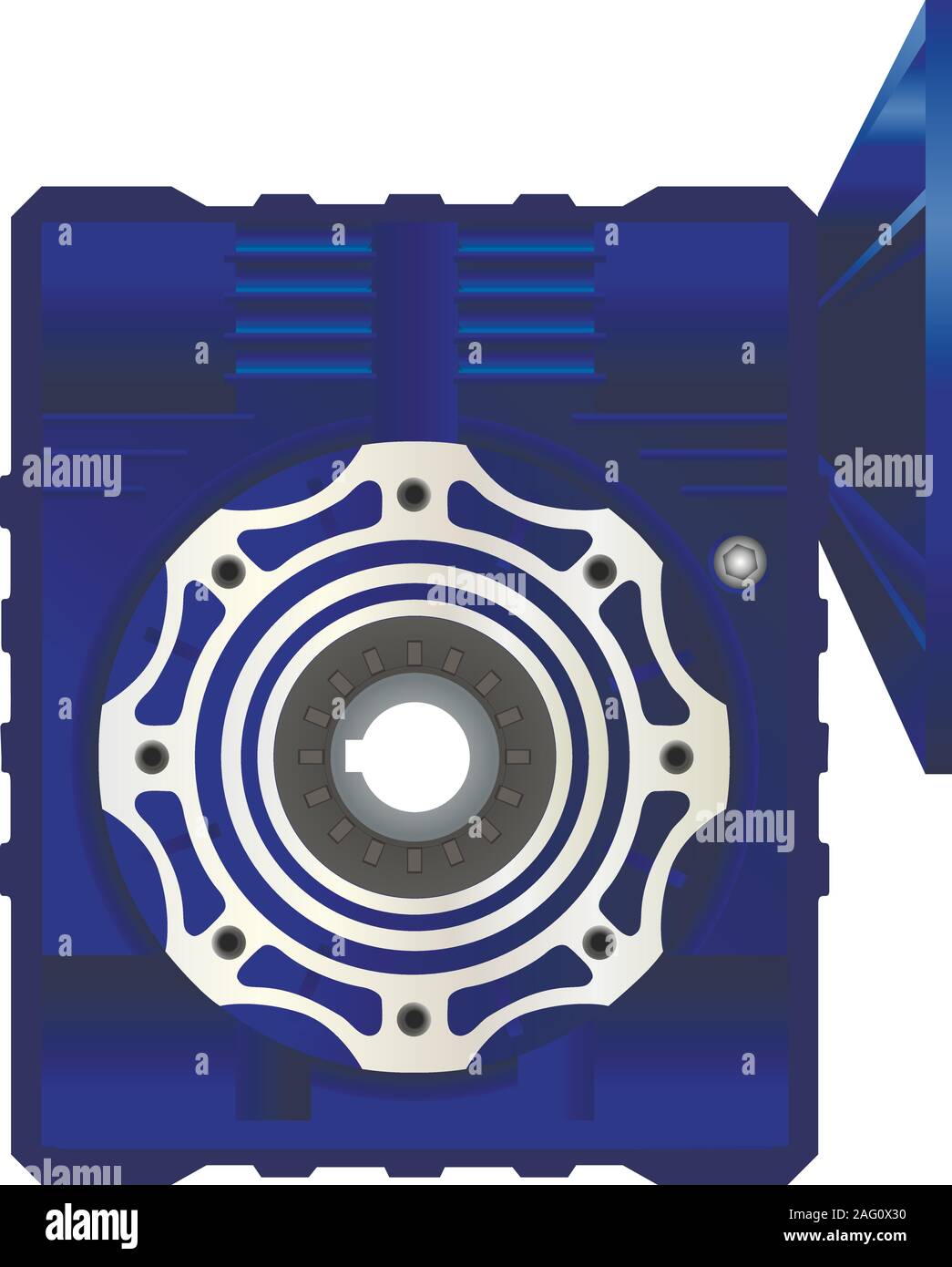 scatola ingranaggi a vite senza fine con flangia. Illustrazione vettoriale su sfondo bianco. Immagine isolata. Illustrazione Vettoriale