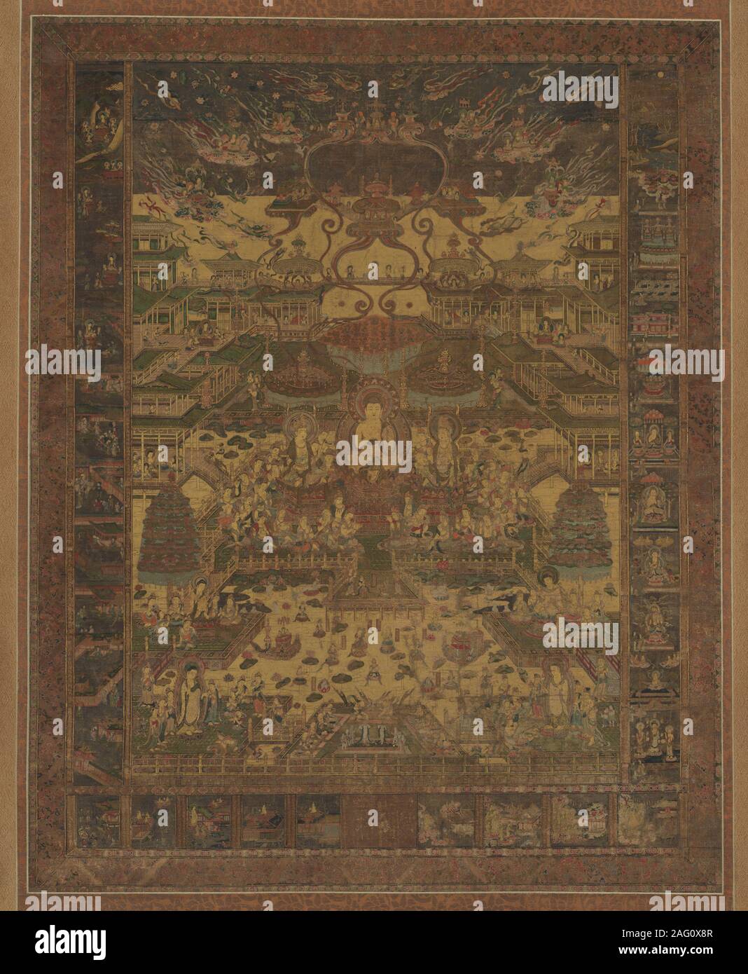 Taima Mandala del XIV secolo. Il Taima Mandala rappresenta la Pura Terra del Budda Amida delimitata su tre lati da parabole dal Sutra sulla meditazione Buddha della durata infinita. Foto Stock