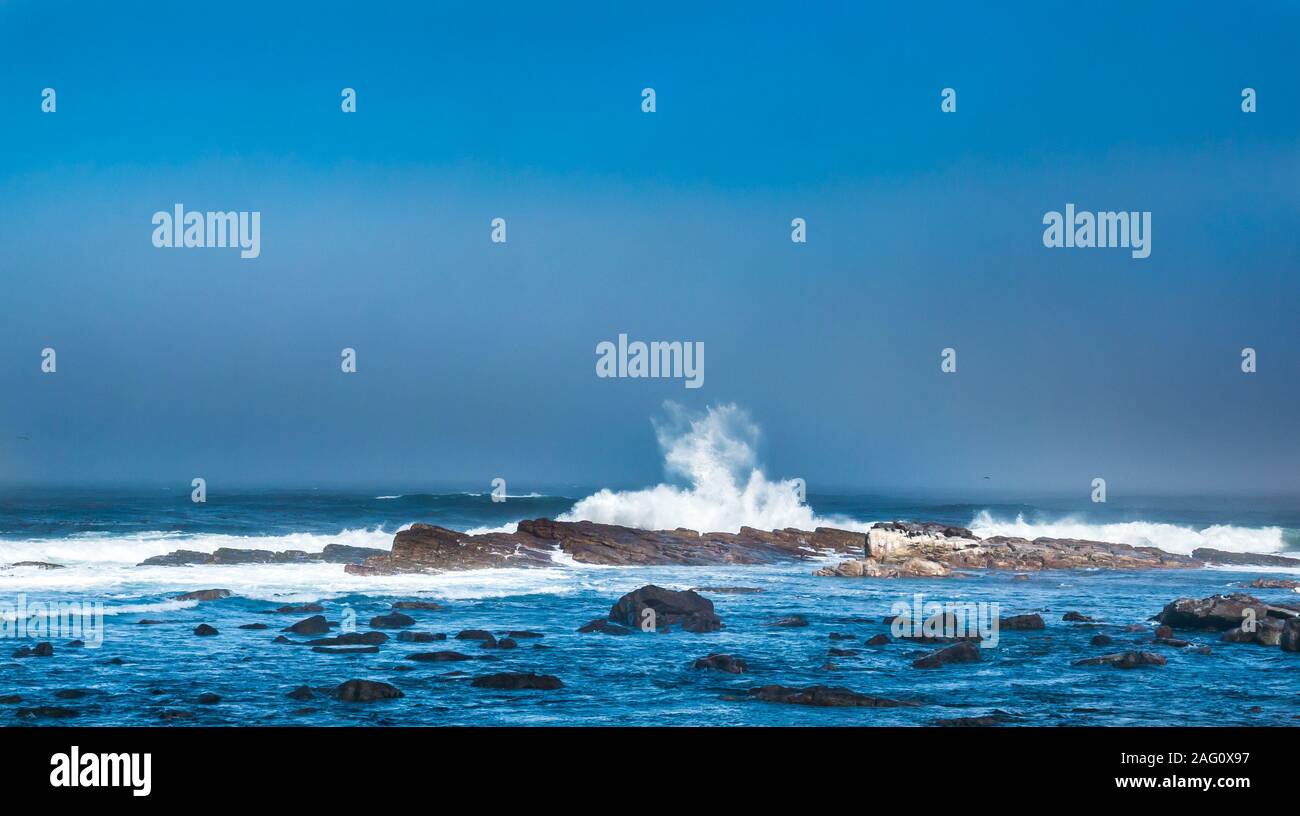 Oceano atlantico spruzzi delle onde sulle rocce, il Capo di Buona Speranza, Cape Peninsula, Western Cape, Sud Africa Foto Stock