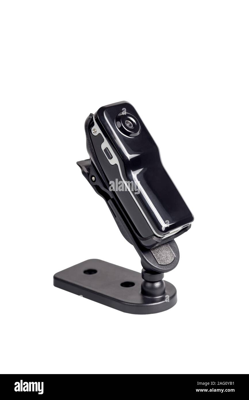 Piccola azione nera fotocamera, video registratore. Isolato su sfondo bianco. Foto Stock