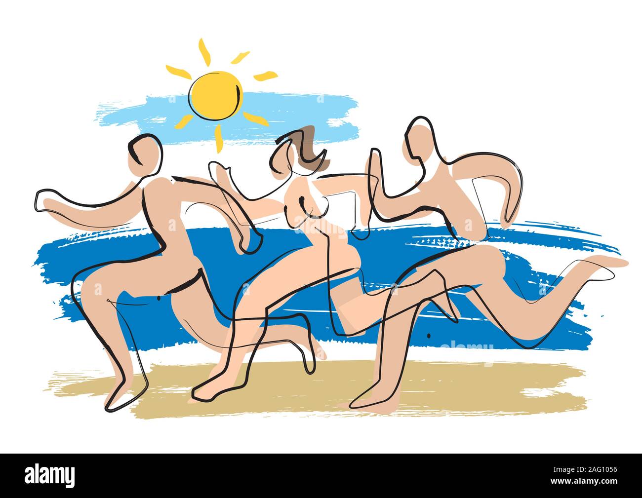 I nudisti,Tre funzionare nudo persone. Lineart illustrazione espressiva di due uomini e una donna in esecuzione sulla spiaggia in estate. Vettore disponibile. Illustrazione Vettoriale