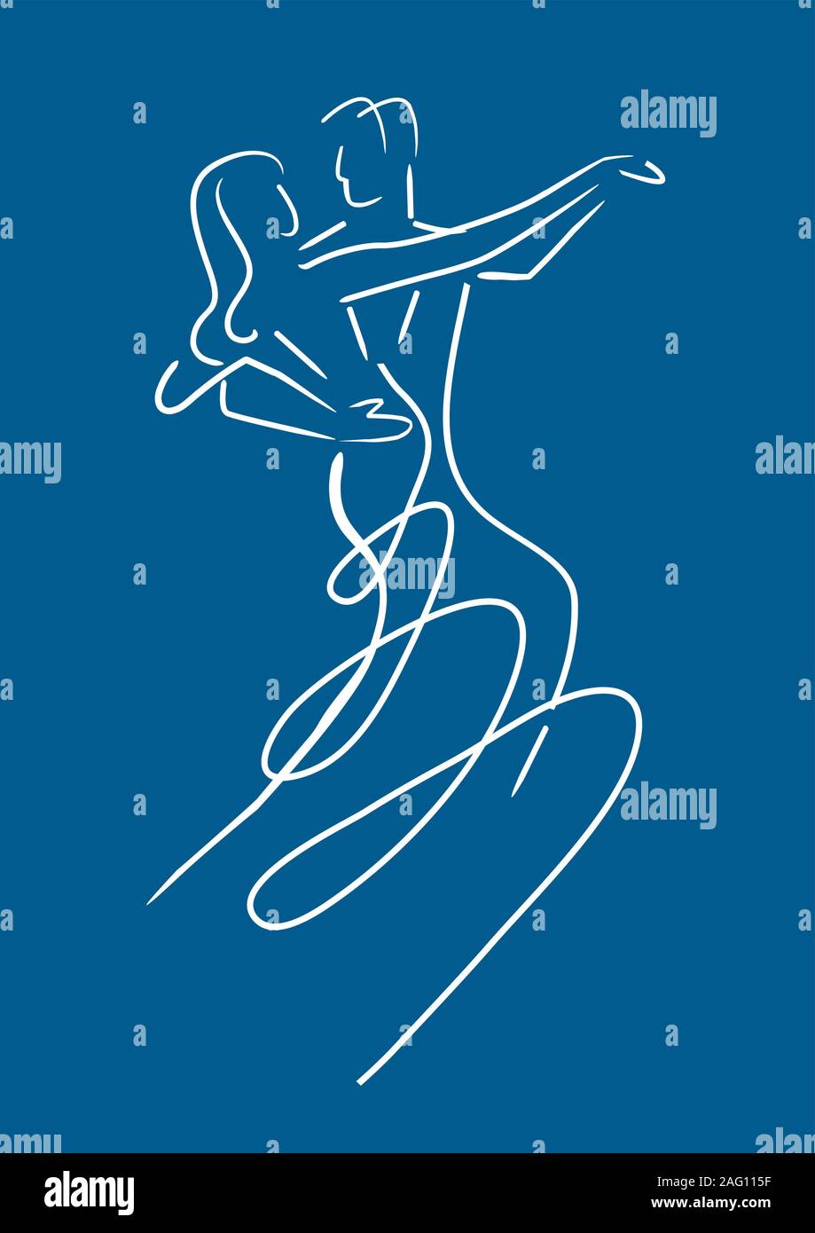 Ev Balroom coppia di ballerini. Arte di linea stilizzata illustrazione della coppia danzante il ballo liscio su sfondo blu. Vettore disponibile. Illustrazione Vettoriale